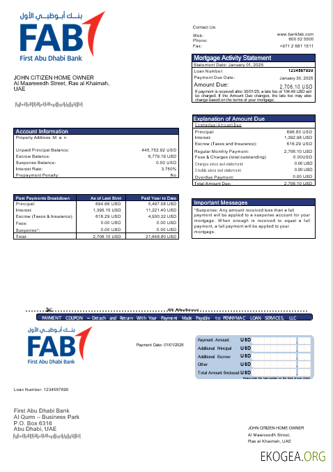 Premier relevé hypothécaire bancaire des Émirats arabes unis à Abu Dhabi aux formats Word et PDF